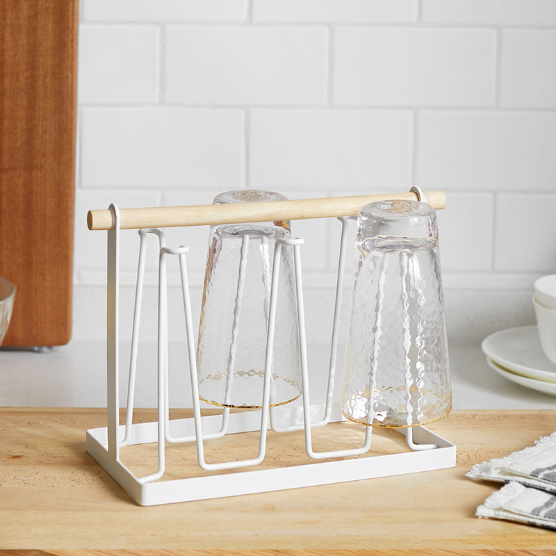 Drain Tray, Metal Organizer  Wood Handle Cup Drying Rack Stand