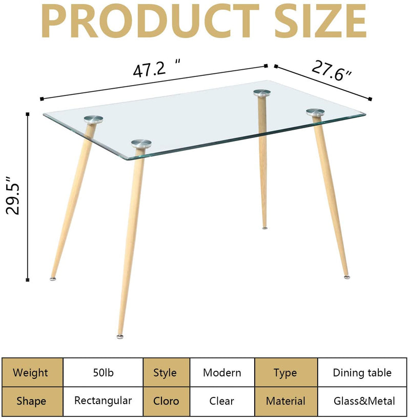 Sheepping Modern Rectangular Top-Glass Dining Table 47.2 x 27.5 x 29.5‘’