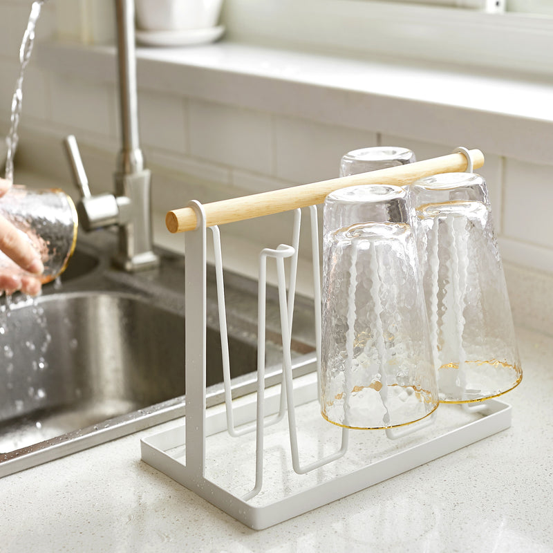 Drain Tray, Metal Organizer  Wood Handle Cup Drying Rack Stand