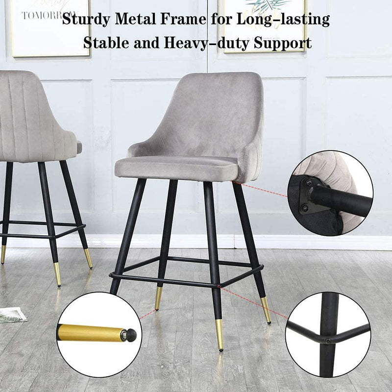 Sheepping  H:26‘’ 2PCS Modern Velvet Upholstery Barstools Grey Chairs